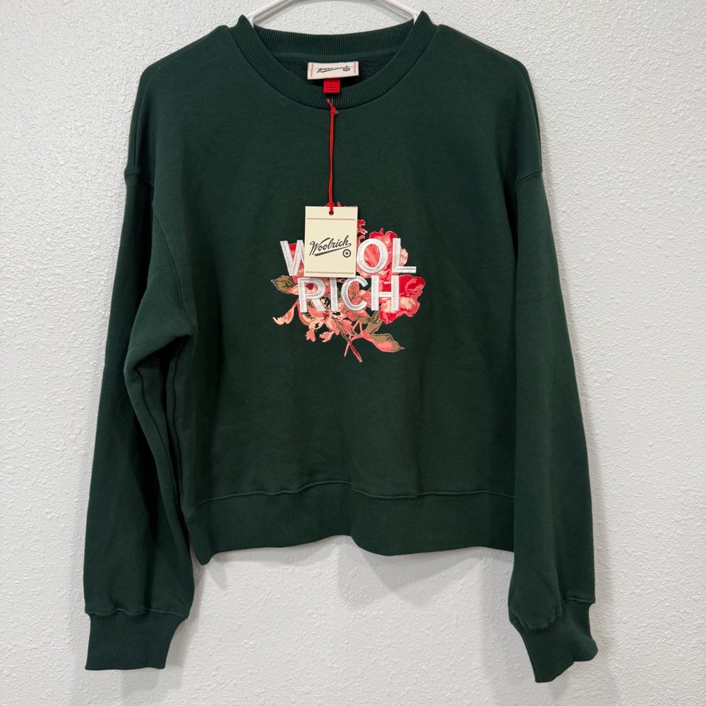 Woolrich Womens Green Floral Embroidered Cotton Crewneck Sweatshirt Small NWT
